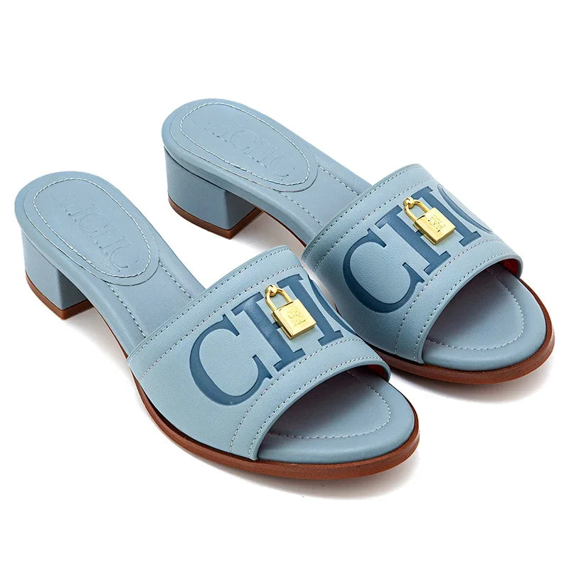 CH Fashion Monogram Print Elegant Design Women's Low Heeled Slippers Solid Color High Quality Metal Lock Simple Single Shoes.