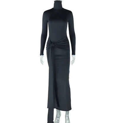 CM.YAYA Women Full Sleeve Turtleneck Ribbon Ruched Long Maxi Dress 2025 Spring Sexy Street Slim Evening Night Club Party Dresses