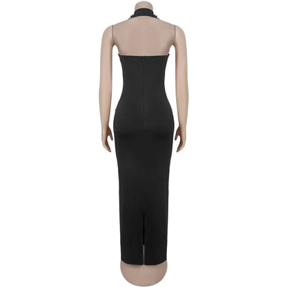 GLCMYAYA Women Diamonds Beading Halter Neck Bodycon Midi Maxi Long Dress 2025 Vacation Street Sexy Party Vestidos Dresses