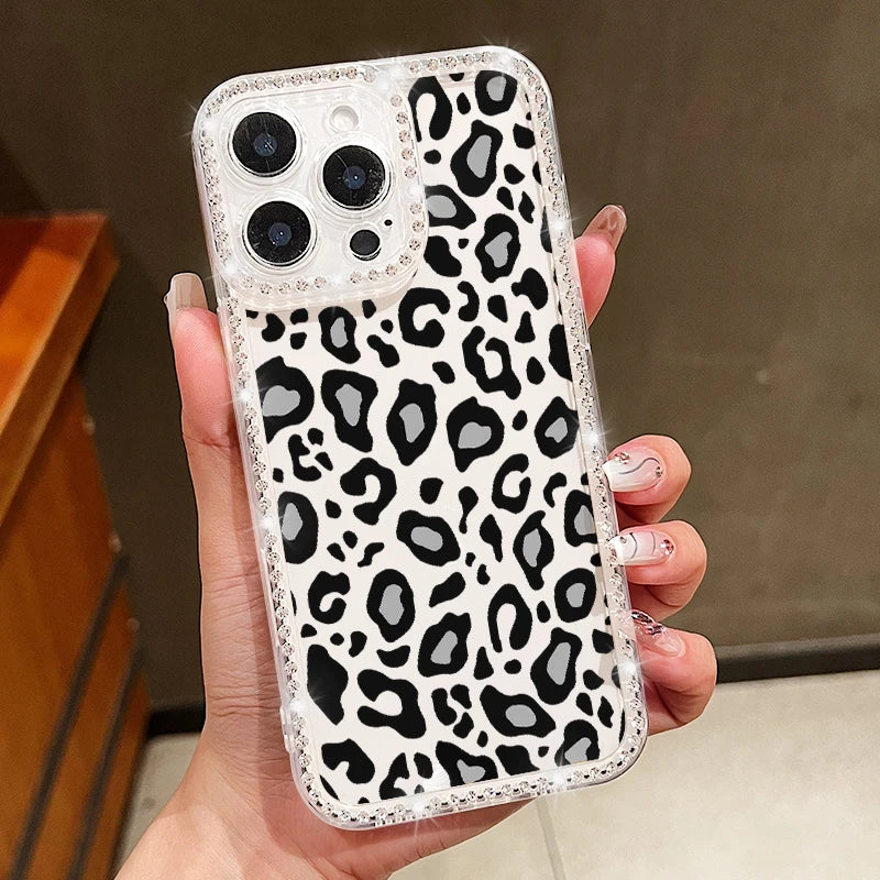 Colorful Leopard Print Diamond Case For iPhone 16 Pro Max Clear Soft Cover Coque For iPhone 11 12 13 14 15 Pro Max 16e 17 Air