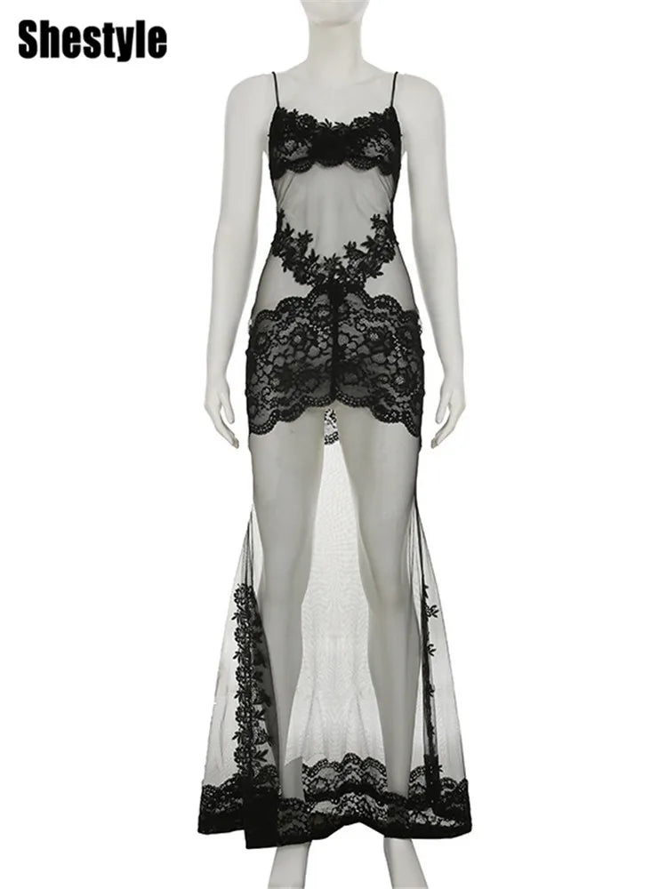 Shestyle Embroidery Flower Mesh Transparent Flare Long Dress Women Spaghetti Strap Sheer 2025 New Design Outfits Prom Nightwear