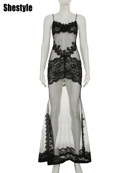 Shestyle Embroidery Flower Mesh Transparent Flare Long Dress Women Spaghetti Strap Sheer 2025 New Design Outfits Prom Nightwear