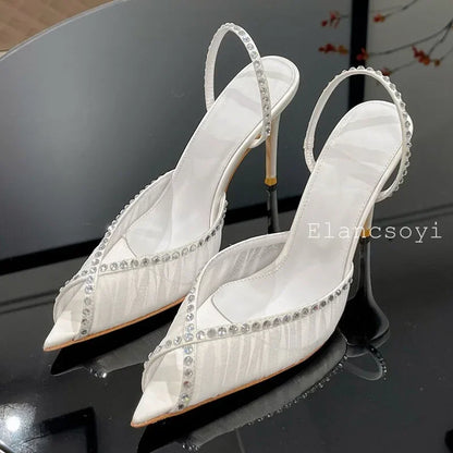 Summer Pointed Toe High Heels Sandals Women Shiny Rhinestone Mesh Back Strap Stiletto Sandalias Sexy Party Banquet Shoes