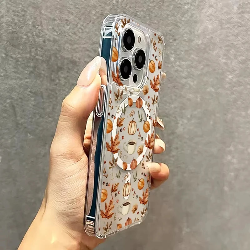 Pumpkin Autumn Leaves Magsafe Magnetic Phone Case For iPhone 17 Air 16e 16 Pro Max 15 14 Plus 13 12 Mini Transparent Back Cover