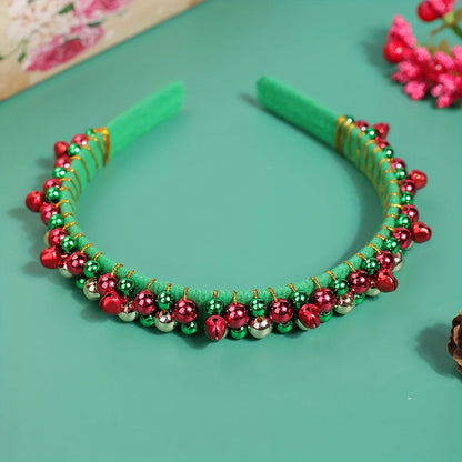 Festive Christmas Headband with Red & Green Beads,Golden Accents & Bell Charms -Wrapped Party Accessory for Holiday Celebrations