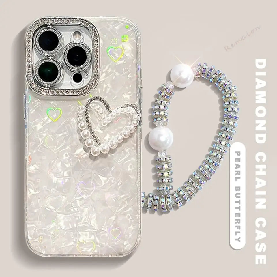 Bling Glitter Heart 3D Phone Case for iPhone 13 15 16 12 14 11 Pro Max Plus 16Pro Max Case Diamond Chain Pearl Protector Cover
