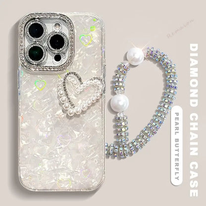 Bling Glitter Heart 3D Phone Case for iPhone 13 15 16 12 14 11 Pro Max Plus 16Pro Max Case Diamond Chain Pearl Protector Cover
