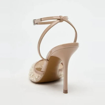 Luxury Bling String Bead Mesh Designer Pumps Women Sexy Pointed Toe Ankle Strap High Heels Elegant Party Wedding Heeled Sandals