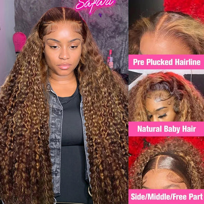 30 32 Inch 13x4 13x6 HD Highlight Ombre Curly Lace Frontal Human Hair Wigs Honey Blonde Colored Deep Wave Frontal Wigs For Women