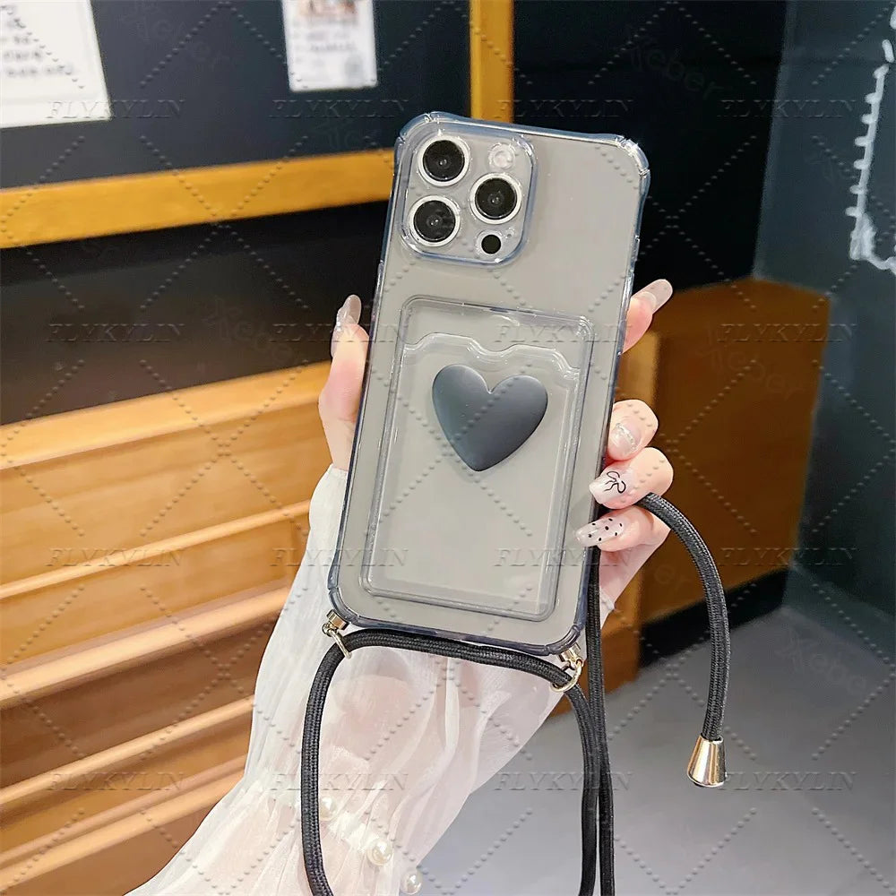 Crossbody Necklace Strap Cord Love Heart Card Holder Wallet Case For POCO X7 X6 X5 Pro X3 Xiaomi 14T 13T 12T 11 Lite Clear Cover