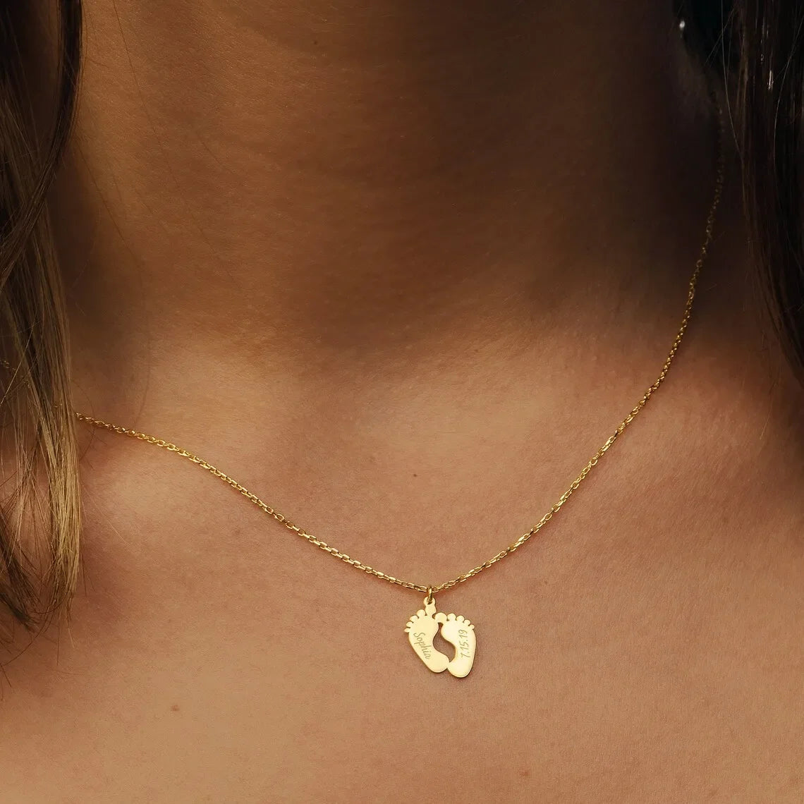 Custom Engraved Stainless Steel Baby Feet Name & Birthday Pendant Necklace Personalization Included Text Woman Jewelry.