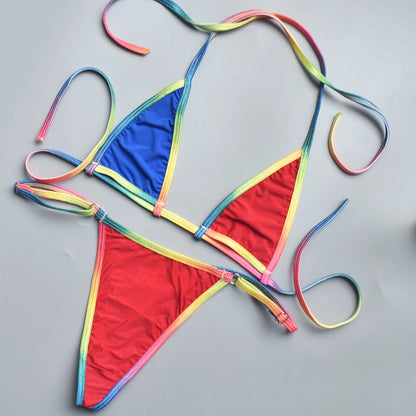 Women Bikini Sexy Three Point MultiColor Thin Straps Lace Up See Through Bikini Top + Panties Brazilian Biquinis