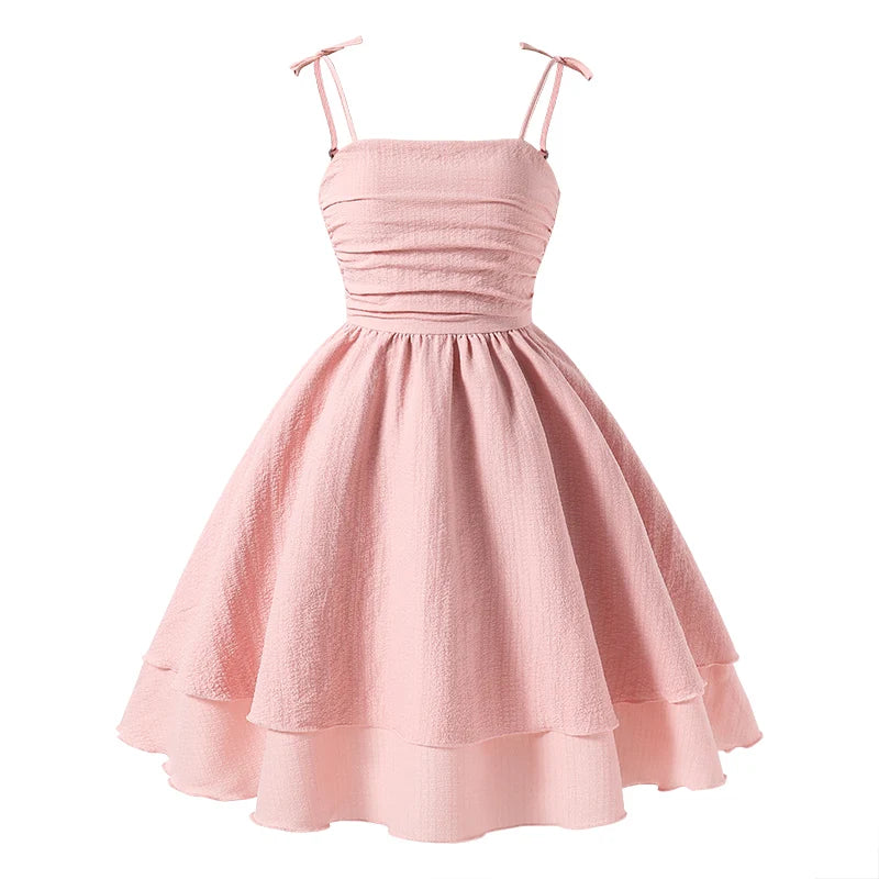 Kids Set Solid Pink Tiered Sling Princess Dress Sweet Style Tween Girls Dress Birthday Party Dating Clothes