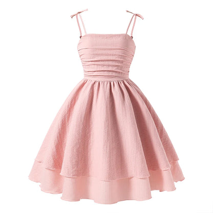 Kids Set Solid Pink Tiered Sling Princess Dress Sweet Style Tween Girls Dress Birthday Party Dating Clothes