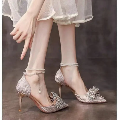 Bow Crystal Shoes Women's Pointed Toe Shallow Mouth Pearl One Strap Non-Tired Feet Beaded Non-Slip Single Shoes