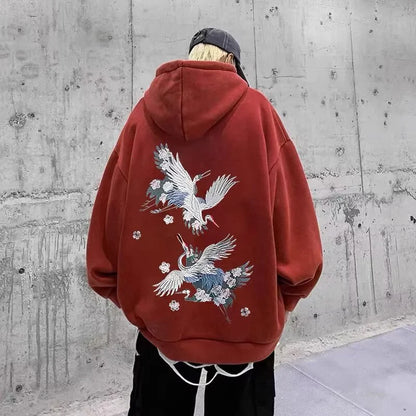 Autumn New Anime Crane Printed Pullover Hoodies For Men Hip Hop Fashion Graphic Hooded Sweatshirts Aesthetic Y2K Hoodie Clothes