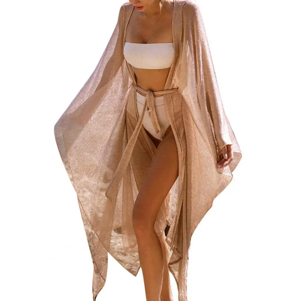 Breathable  Stylish Shine Mesh Sexy Bikini Cover Up Women Swimwear Coat Loose   for Beach