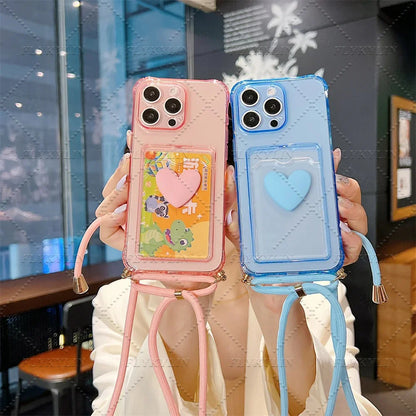 Crossbody Necklace Strap Cord Love Heart Card Holder Wallet Case For POCO X7 X6 X5 Pro X3 Xiaomi 14T 13T 12T 11 Lite Clear Cover