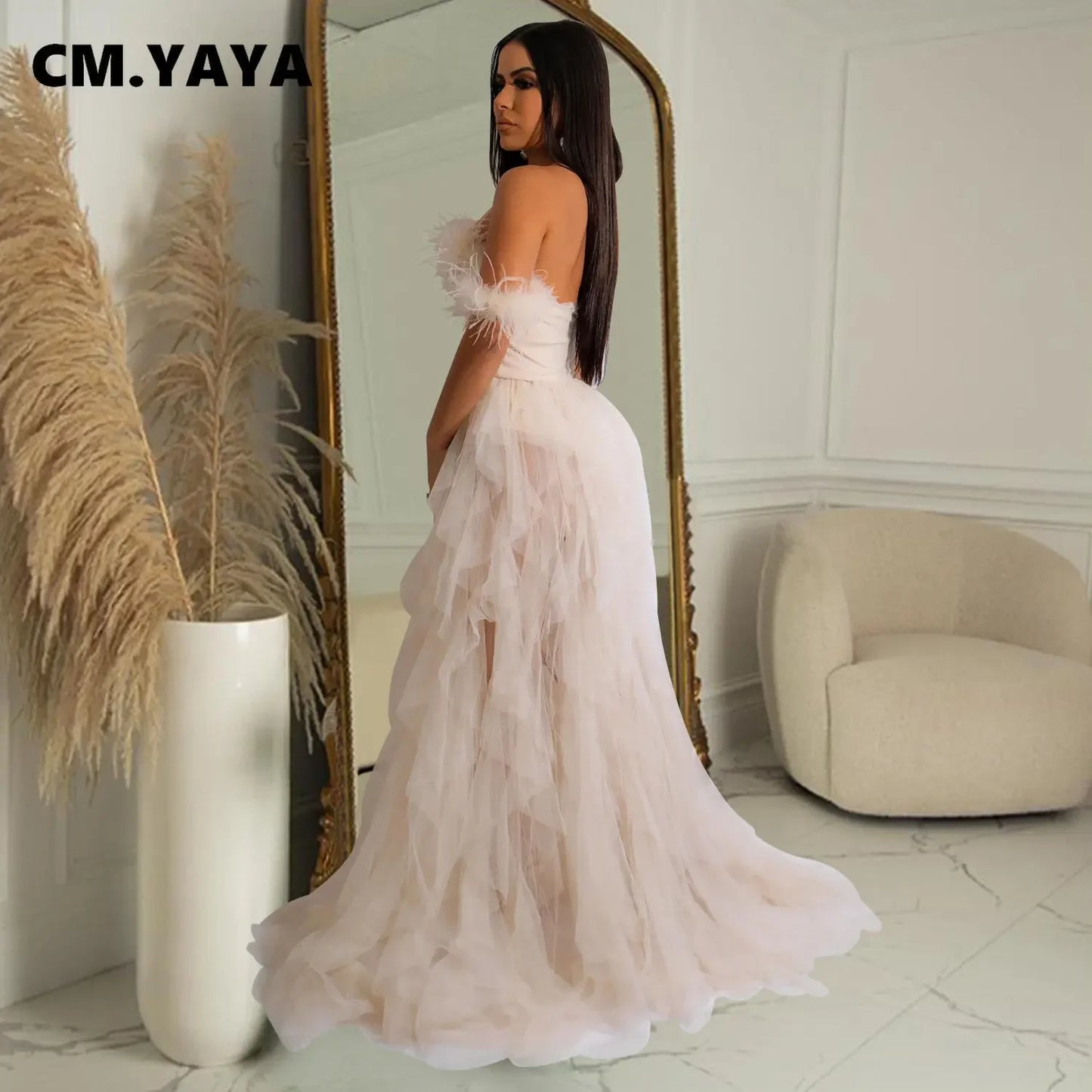 CM.YAYA Women Tierred Mesh See Though Off Shoulder Sweetheart Collar Maxi Long Floor Length Dress Evening Sexy Party Dresses