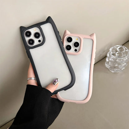 Cute 3D Cat Ear Kawaii Transparent Case For iPhone 15 14 13 12 Pro 11 Max Candy Color Shockproof Acrylic Clear Hard Cover