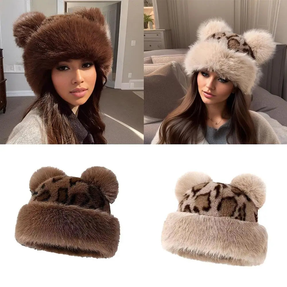 Leopard Print Bear Ears Plush Thick Warm Hat For Women Mongolian Hat Outdoor Snow Ski Cap Y2k Plush Basin Cap Furry Bucket Hats
