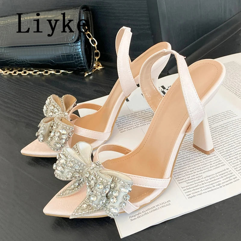 Liyke Sexy Slingback Sandals Women Summer Fashion Rhinestone Bowknot Designer High Heels Wedding Party Prom Shoes Zapatos Mujer