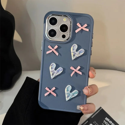 3D Pink Love Heart Bow Phone Case for IPhone17 16 15 14 12 13 11 Pro ProMax Mini Plus X XR Shockproof Phone Cover