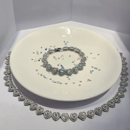 Original Princess Sparkling Crystal Wedding High-end Jewelry Set Charming Women's Heart-shaped Necklace Earrings Bracelet Ring