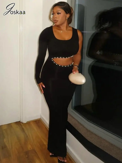 Joskaa Elegant Rhinestone Hollow Maxi Birthday Dress Woman Sexy O-Neck Single Sleeve Skinny Vestidos 2025 Evening Party Clubwear