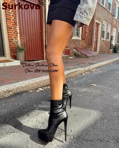 Surkova Black Pink White Matte Leather Platform Ankle Boots Thin High Heels Pointed Toe Short Booties Zipped Elegant Dress Shoes