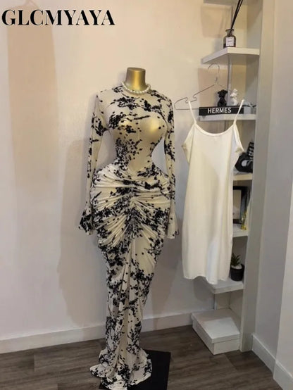 CM.YAYA Women Long Sleeve Stacked Mesh See Though with Lining Bodycon Long Dress 2025 Autumn Evening Birthday Sexy Party Dresses