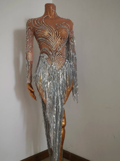 Sparkly Rhinestone Sequins Tassel Sexy Mesh See Through Dress Women Evening Birthday Party Nightclub Dance Singer Stage Outfit