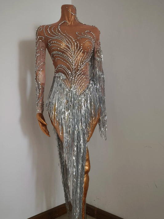 Sparkly Rhinestone Sequins Tassel Sexy Mesh See Through Dress Women Evening Birthday Party Nightclub Dance Singer Stage Outfit