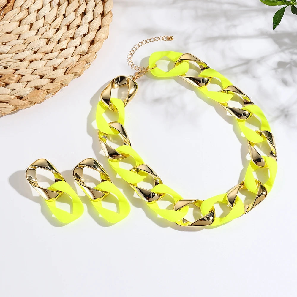 New INS Fashion Set Hip Hop Fluorescent Color Acrylic CCB Spliced Choker Necklace And Earrings For Women Neck Jewelry