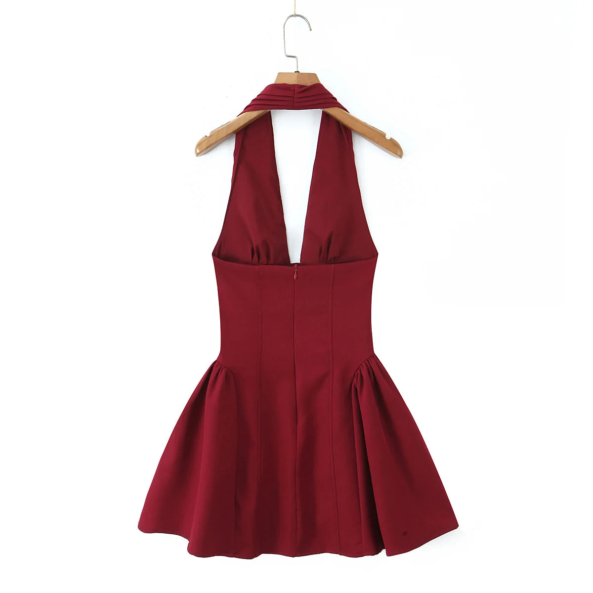 2025 Sexy Dark Red Pleated Ruched Halter Dress Women Deep V neck Slim Low Waist Swing Ball Gown Short Dresses Robe Vestidos