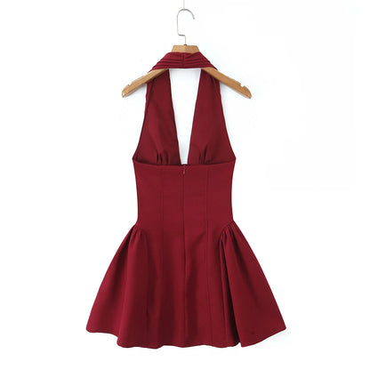 2025 Sexy Dark Red Pleated Ruched Halter Dress Women Deep V neck Slim Low Waist Swing Ball Gown Short Dresses Robe Vestidos