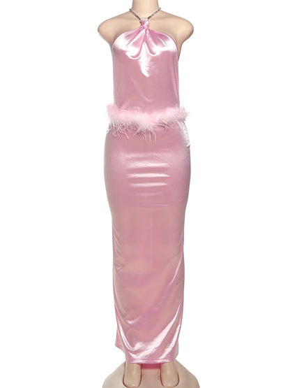 Nibber Drill Chain Plush Tassel Maxi Dress Women Halter Slit Backless Sleeveless Smooth Skinny Coquette Midnight Sexy Vestidos