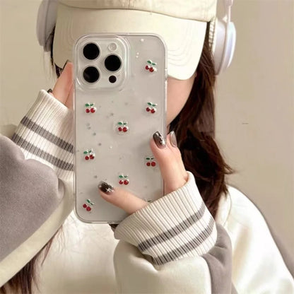 Cute Epoxy Cherry Glitter Clear Phone Case For iPhone 16 15 14 13 12 11 Pro Max Plus Luxury Sequins Bling Back Cover Women Girl