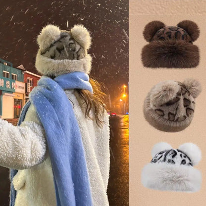 Leopard Print Bear Ears Plush Thick Warm Hat For Women Mongolian Hat Outdoor Snow Ski Cap Y2k Plush Basin Cap Furry Bucket Hats