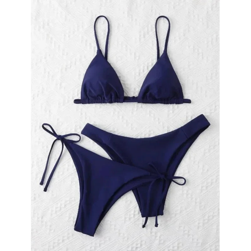 Women's Sexy 3-Piece Bikini Set - Push Up Bandage Triangle Swimsuit in Blue & Purple, Brazilian Beachwear