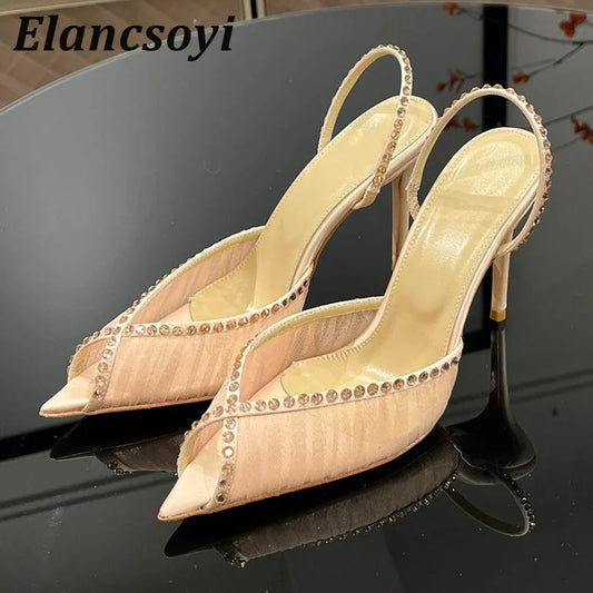 Summer Pointed Toe High Heels Sandals Women Shiny Rhinestone Mesh Back Strap Stiletto Sandalias Sexy Party Banquet Shoes