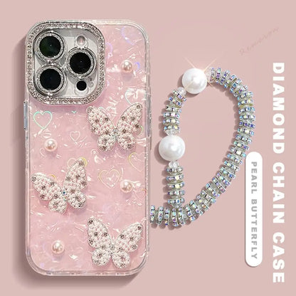 Bling Glitter Heart 3D Phone Case for iPhone 13 15 16 12 14 11 Pro Max Plus 16Pro Max Case Diamond Chain Pearl Protector Cover