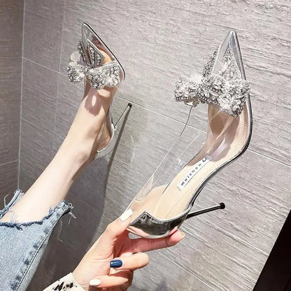Spring New Pointed Toe High Heel Sexy Transparent Slow Water Diamond  Knot Faion ow Single oes Silver Weddi...