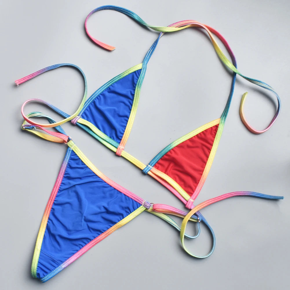 Women Bikini Sexy Three Point MultiColor Thin Straps Lace Up See Through Bikini Top + Panties Brazilian Biquinis