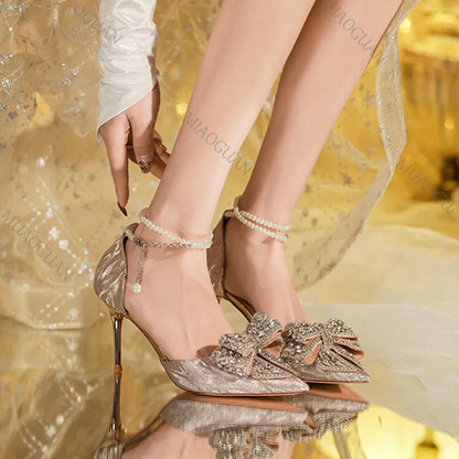 Fashion Pointed Toe Pumps Women's Rhinestone Pearl Butterfly Heels for Women Ankle Buckle High Heel Party Wedding Heeled Shoes