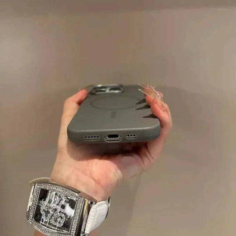 Luxury MagSafe wireless charging leather texture phone case for iPhone 16 12 13 14 15 16 Pro Max Plus magnetic shell protector