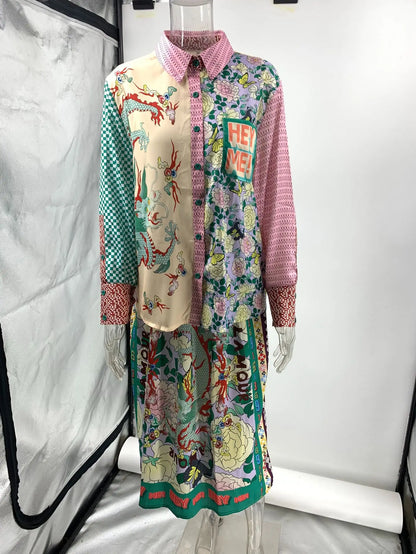 2025 Summer Women's Beach Wear Outfits Pareo Graffiti Casual Two Suit Satin Print Long Sleeved Shirt Skirt Clothes Robe Plage