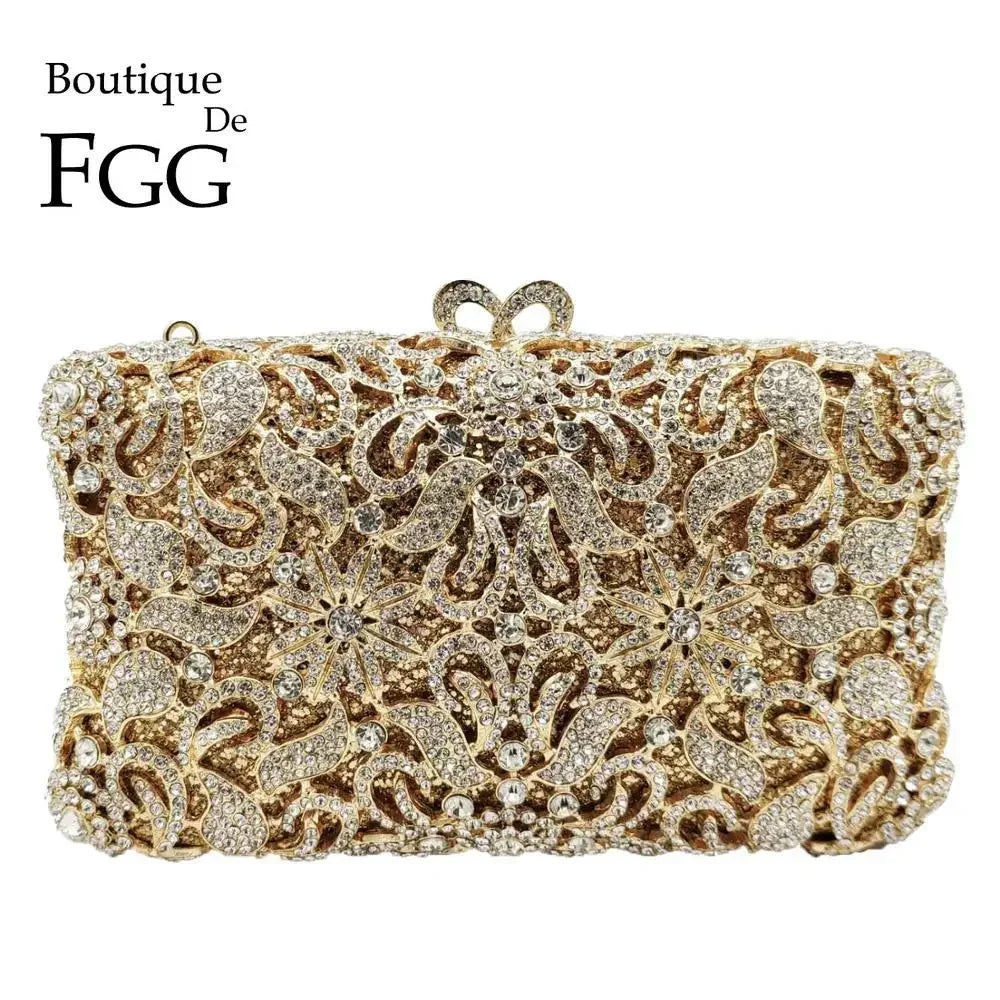 Boutique De FGG Handmade Flower Evening Bags and Clutches, Gold Rhinestone Clutch Purses and Handbags, Wedding Bridal CLutch Bag.