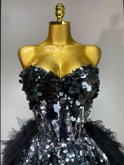 Sparkly Black Sequins Two Pieces Set for Women Party Evening Prom Celebrate Birthday Photo Shoot Dress Nightclub Dance Costume