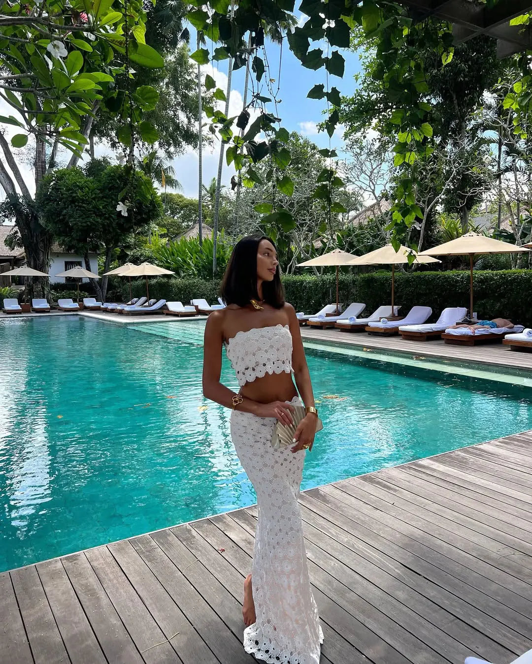 2025 New Tube Top Hollow Out Beach Dresses For Women 3 Piece Swimwear Bikini Mesh Swimming Elegant Cover-Up Skirt Sexy Vacation